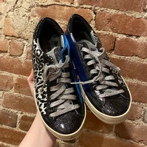 P448 Black Leopard and Blue Velvet Sneakers